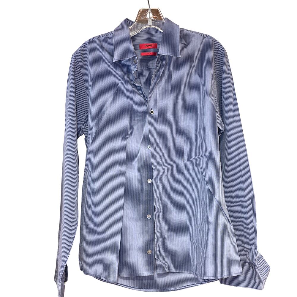 Hugo Boss blue and white striped men's button up sz S